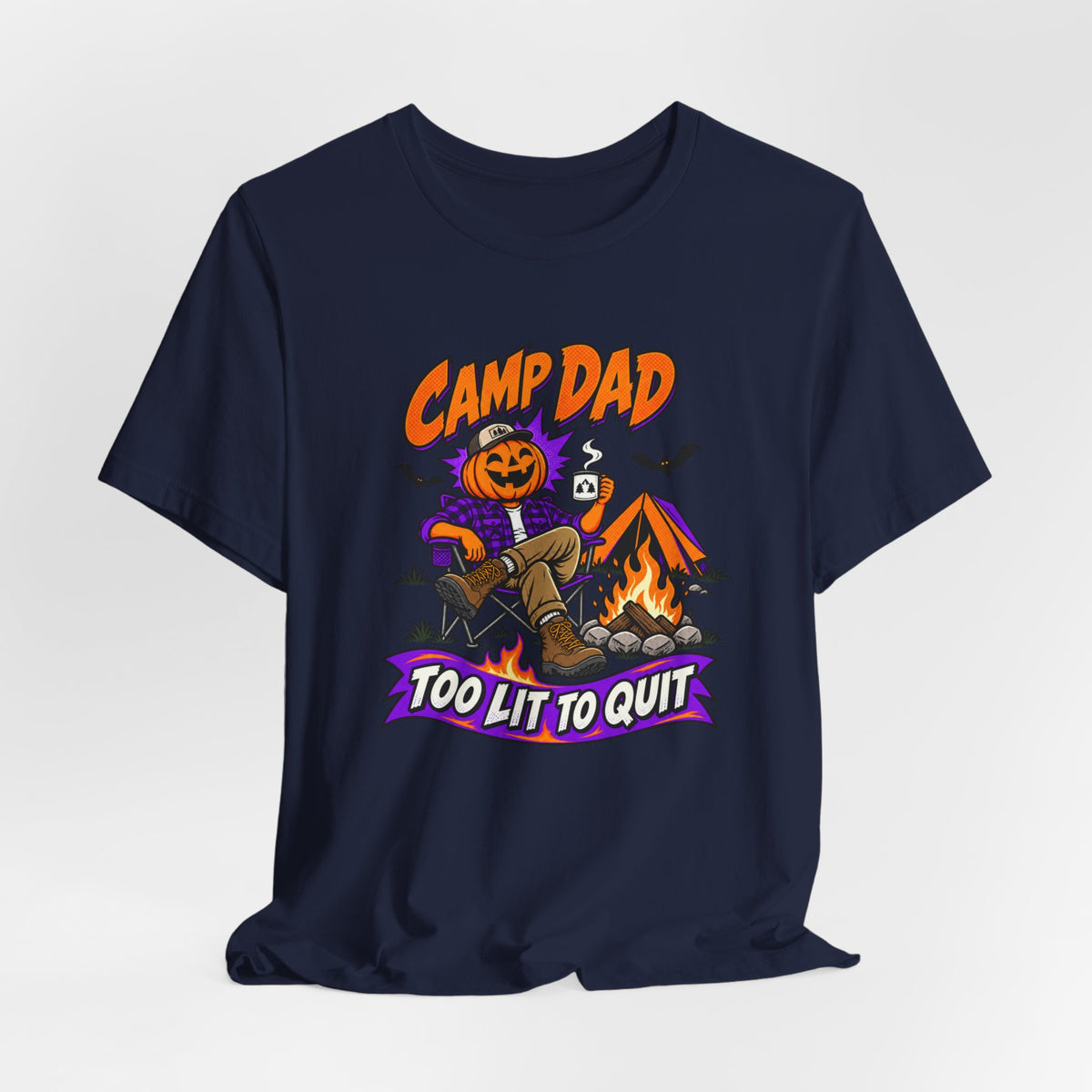 Camp Dad Halloween T-Shirt — "Too Lit to Quit" Camping Pumpkin Tee