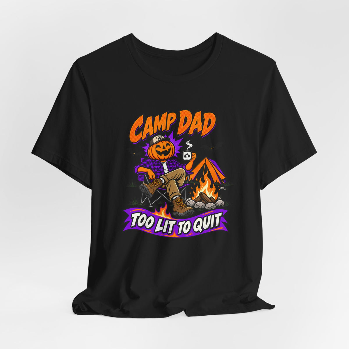 Camp Dad Halloween T-Shirt — "Too Lit to Quit" Camping Pumpkin Tee