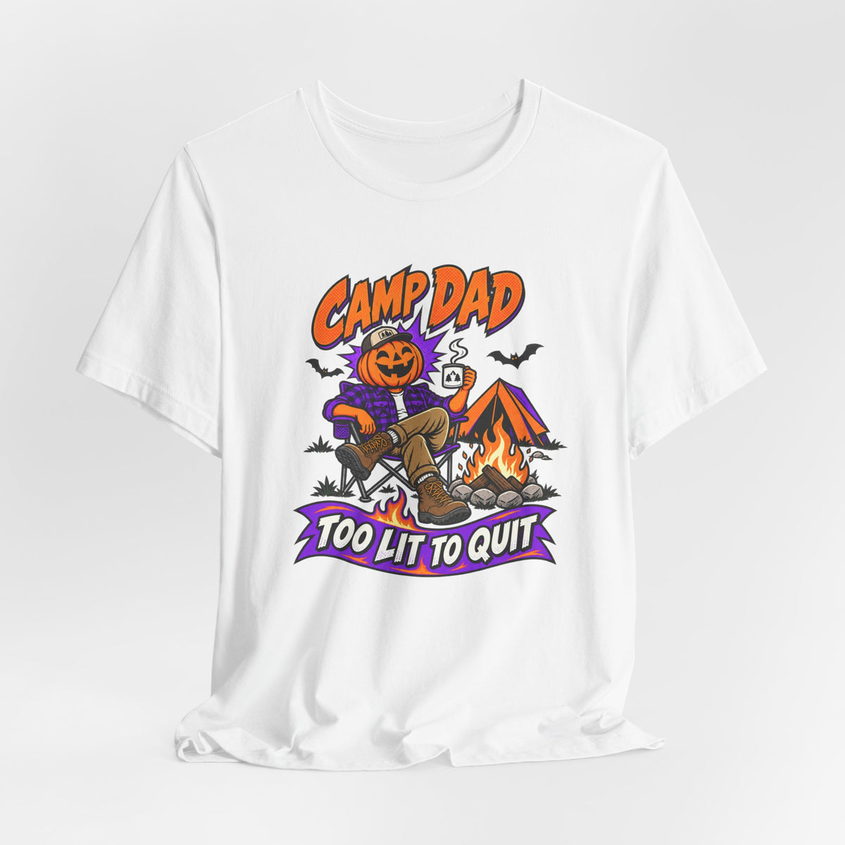 Camp Dad Halloween T-Shirt — "Too Lit to Quit" Camping Pumpkin Tee