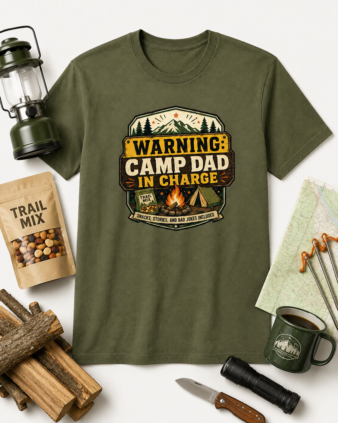 Camp Dad T-Shirt — "Warning: Camp Dad In Charge" Camping Tee for Fathers, Outdoor & Father's Day Gift