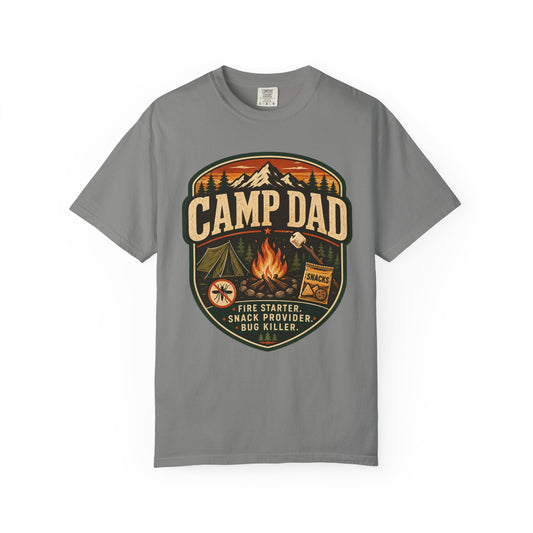 Camp Dad T-Shirt - Vintage Camping Badge Tee for Outdoor Fathers