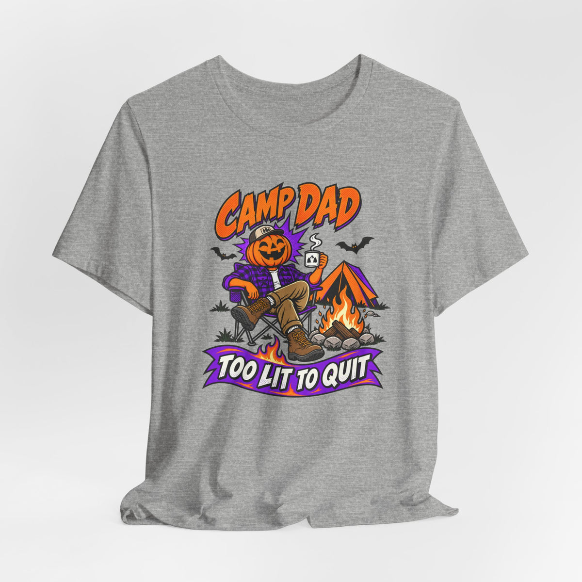 Camp Dad Halloween T-Shirt — "Too Lit to Quit" Camping Pumpkin Tee