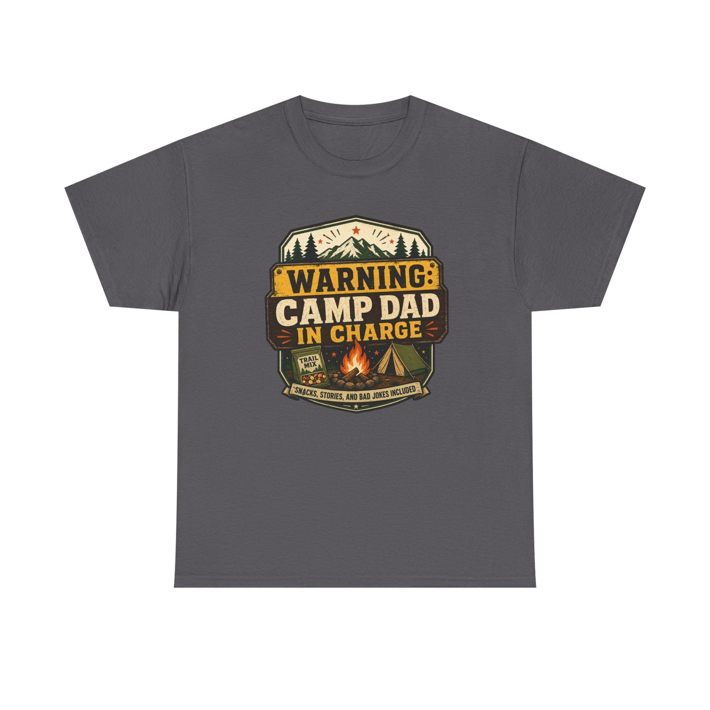Camp Dad T-Shirt — "Warning: Camp Dad In Charge" Camping Tee for Fathers, Outdoor & Father's Day Gift