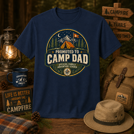 Camp Dad T-Shirt — Vintage Badge Tee for Outdoor Fathers